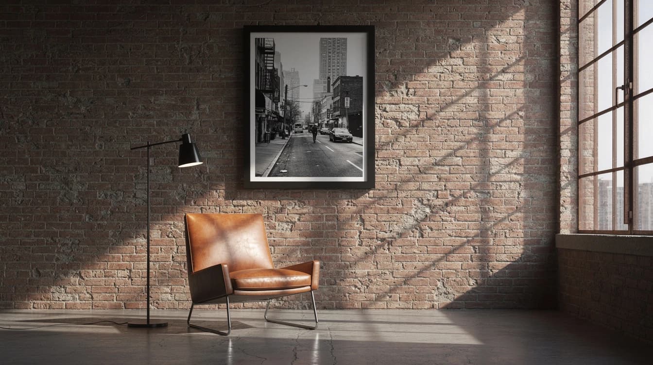 Industrial loft — velká černobílá fotografie na cihlové stěně