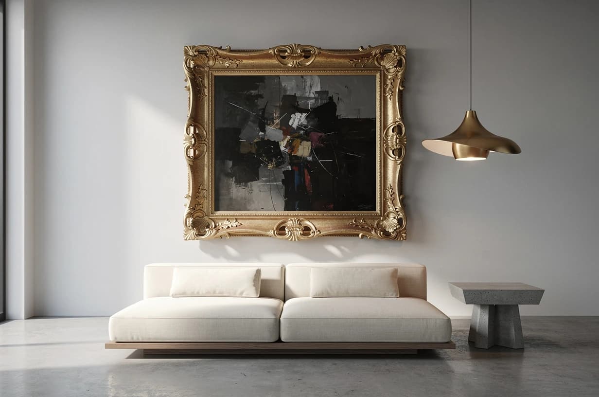 Moderní apartmán s baroque zlatým rámem — kontrast starého a nového