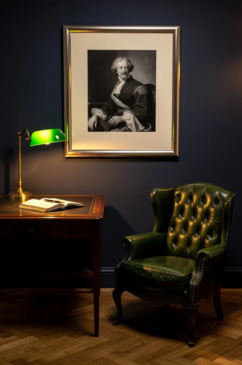 Navy modrá pracovna — klasický portrét ve stříbrném rámu