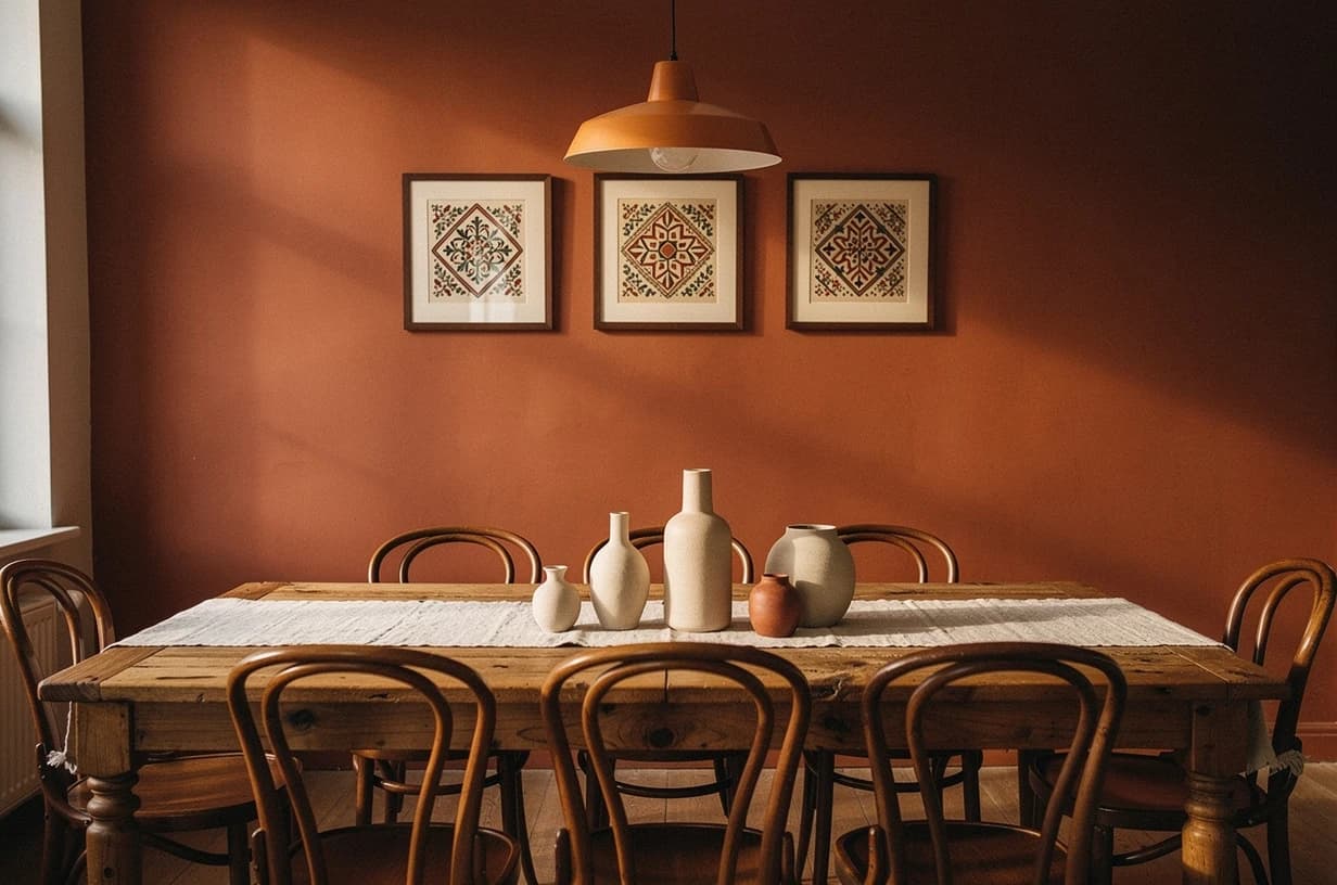 Terracotta jídelna — triptych folk motivů ve walnut rámech