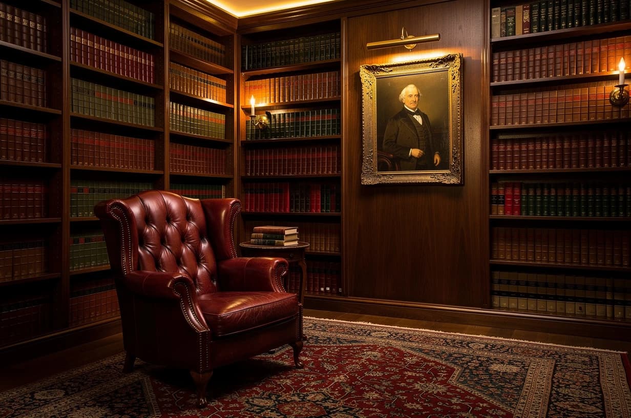 Domácí knihovna s olejovým portrétem v rytém zlaceném rámu