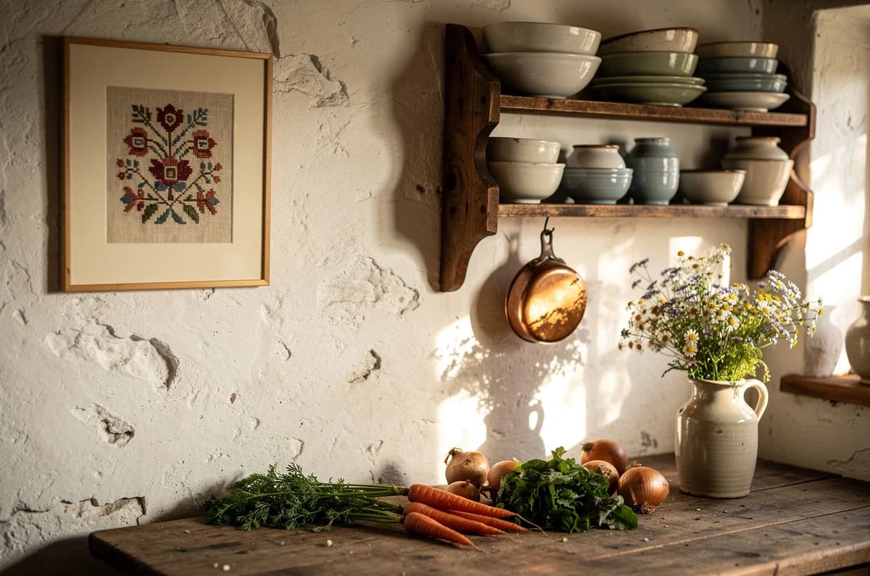 Farma kuchyň — křížkovka v borovicovém rámu na bíle omítnuté stěně