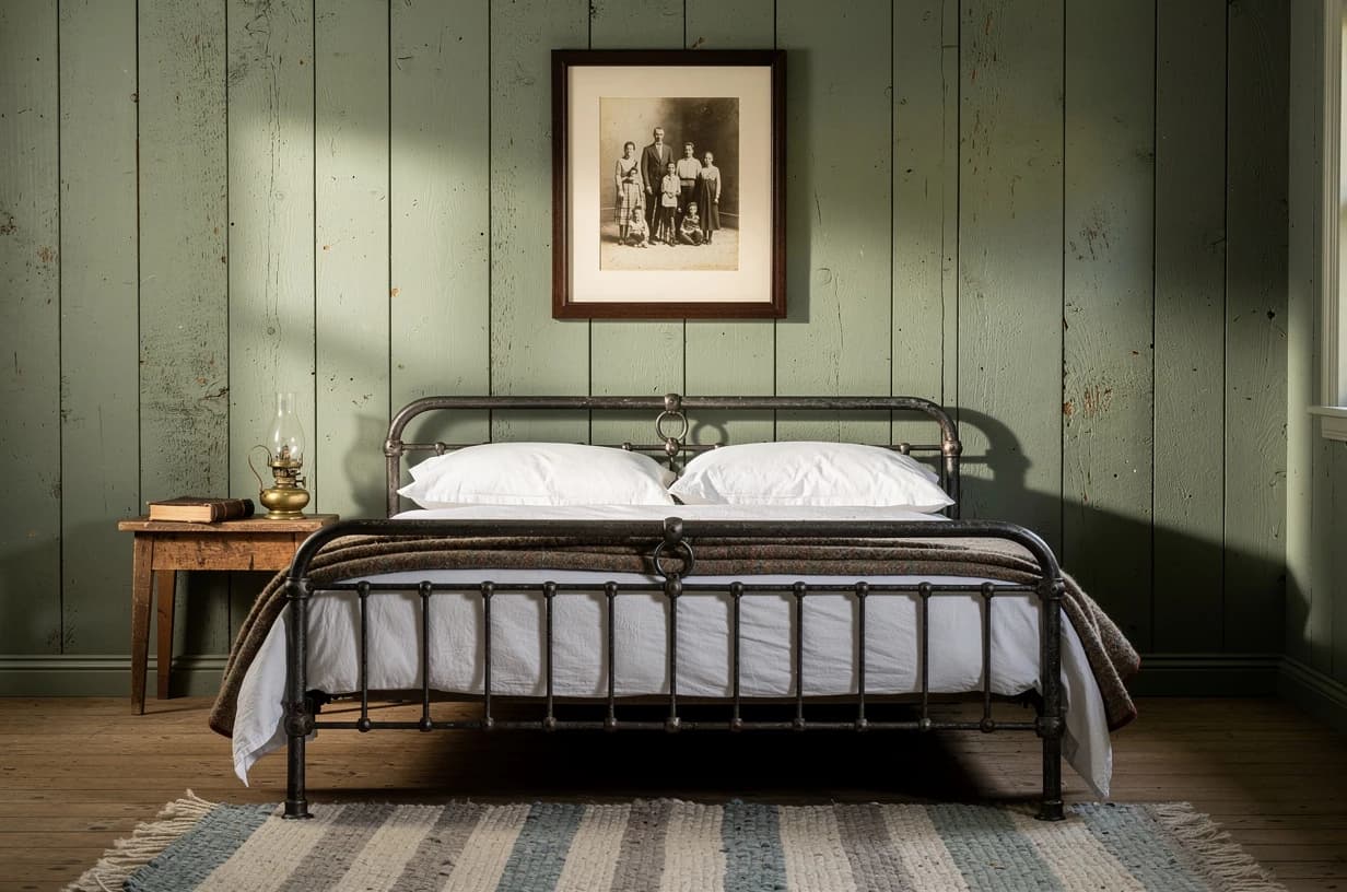 Útulná chata — černobílý rodinný portrét na sage green prknech