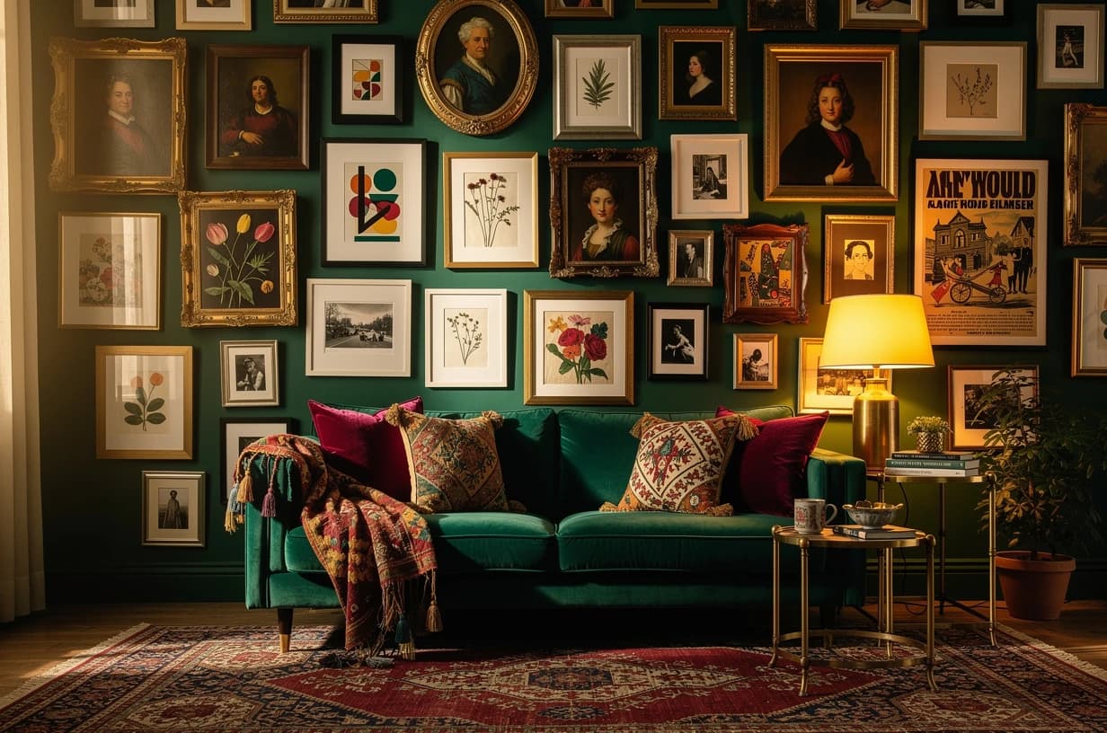 Maximalistický obývák — teal stěna plná 20+ rámů