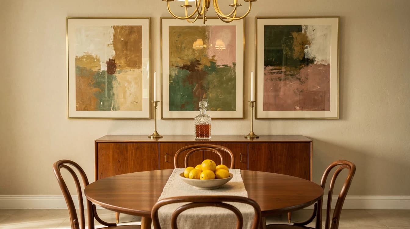 Jídelna s triptychem v brass rámech nad walnut credenzou