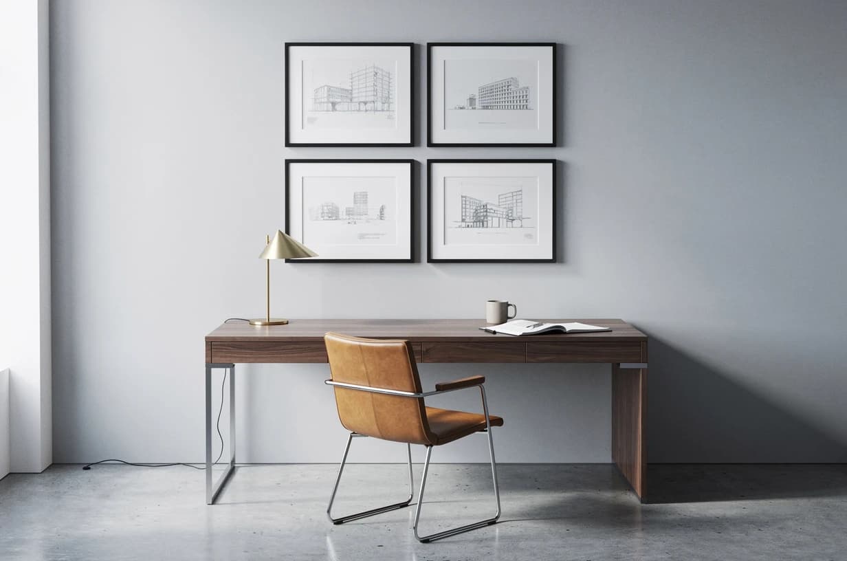 Architekturní pracovna — grid čtyř kreseb v černých rámech