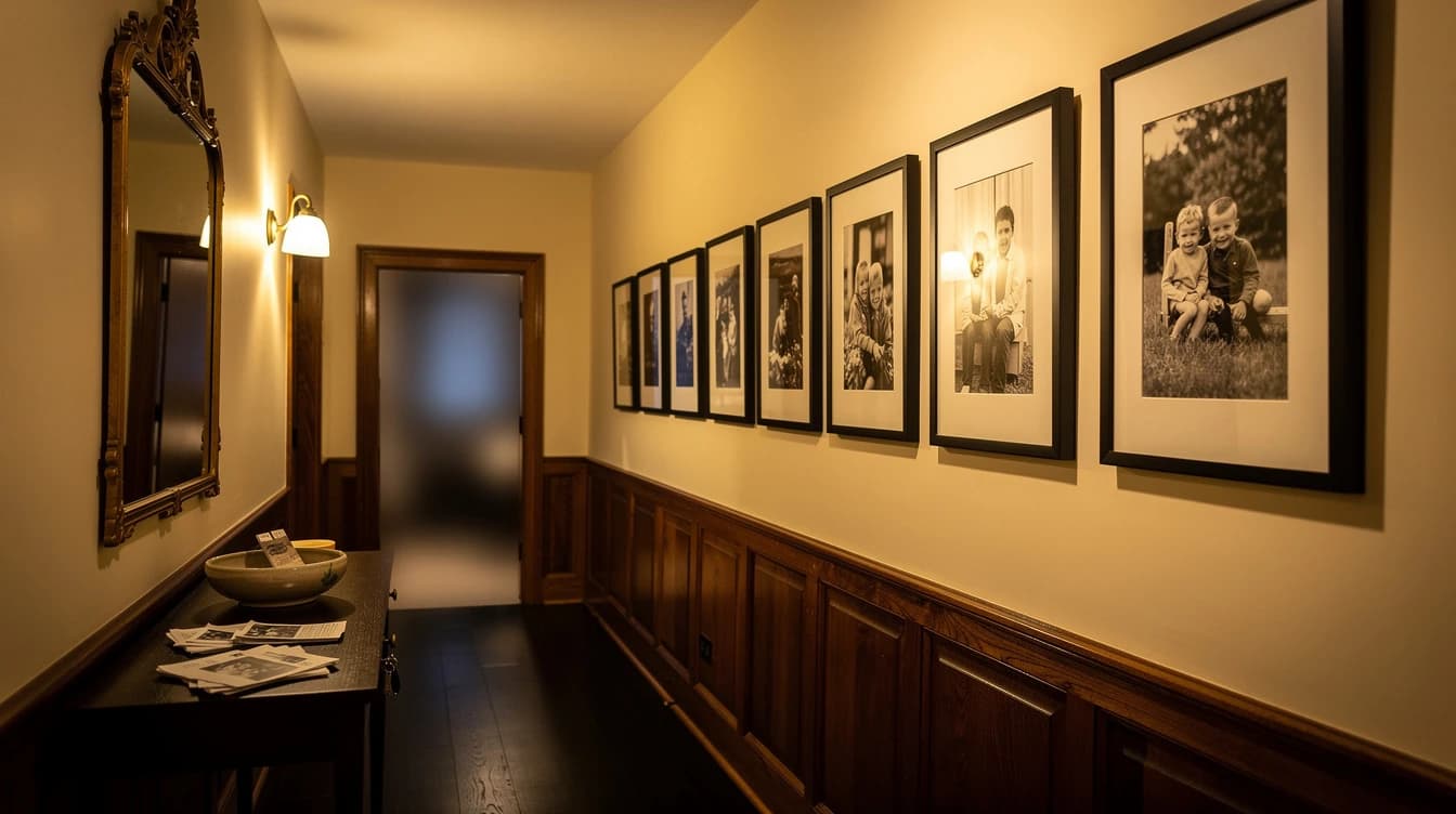 Chodba — řada rodinných portrétů ve stejných tenkých rámech