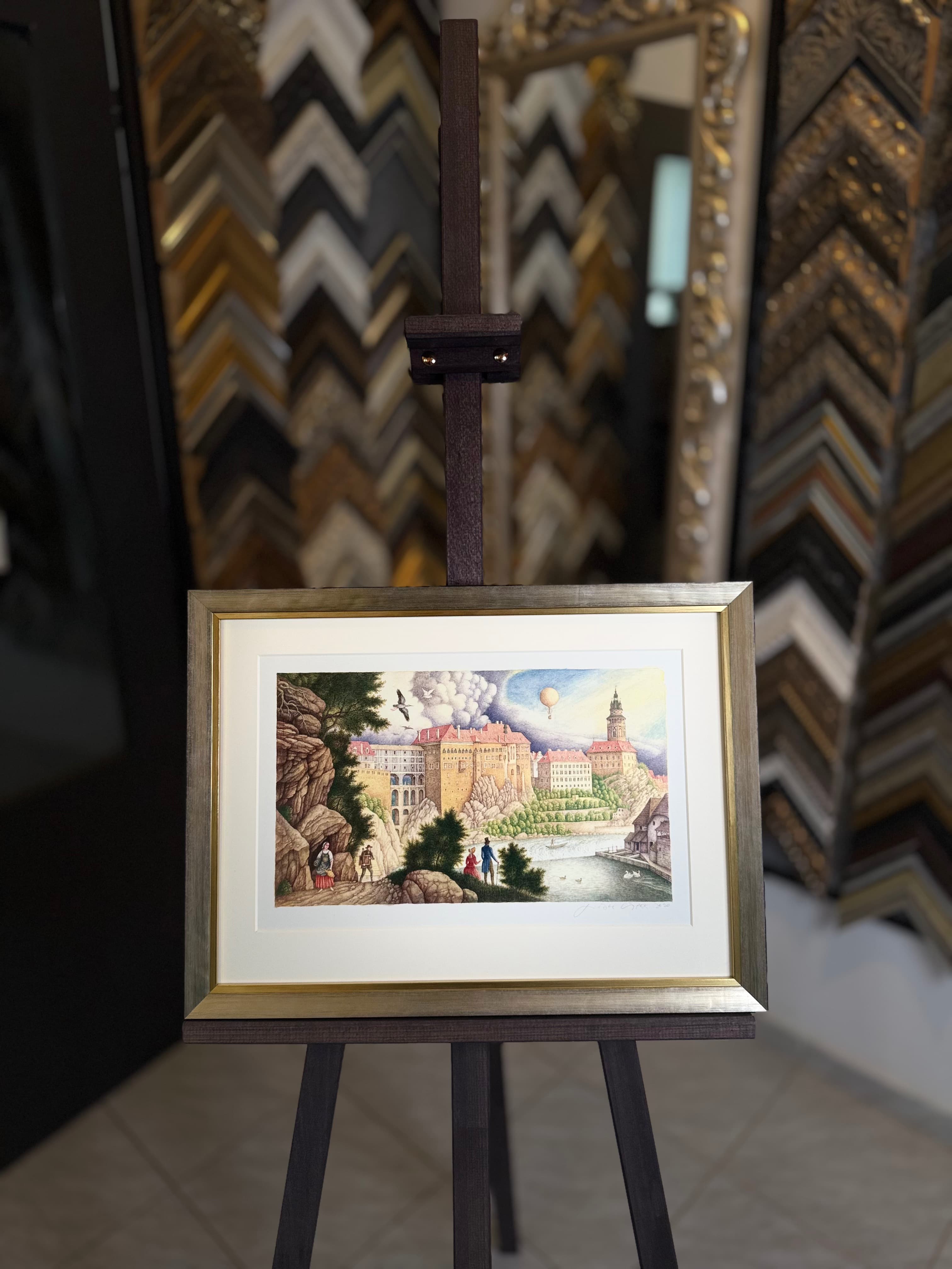 Veduta Českého Krumlova — Zlatý rám, konzervační materiály | Atelier Homolka