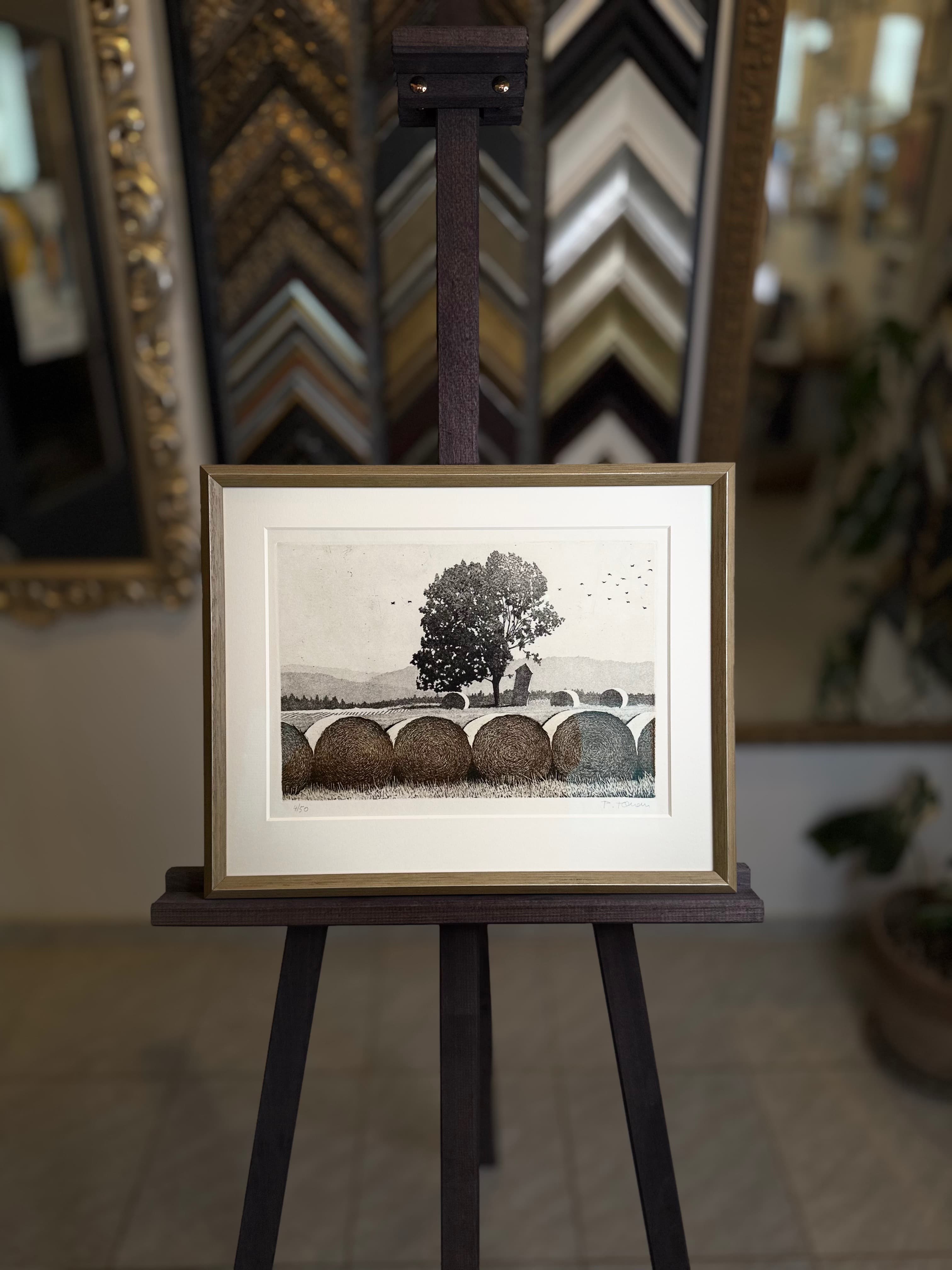 Krajina se stromy a balíky — Zlatý profil, konzervační sklo | Atelier Homolka