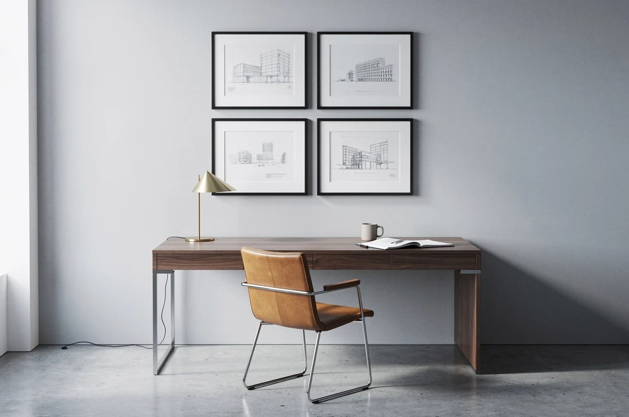 Architekturní pracovna — grid čtyř kreseb v černých rámech